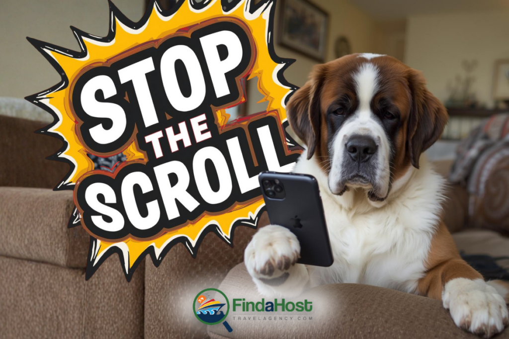 St. Bernard dog holding a smartphone with “Stop the Scroll” graphic highlighting short-form video marketing for travel advisors