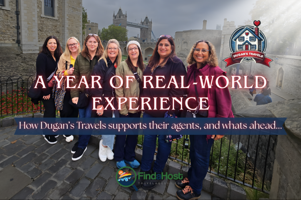 Travel advisors from Dugan’s Travels standing together near Tower Bridge in London during a 2025 educational travel event focused on hands-on learning and supplier connections.