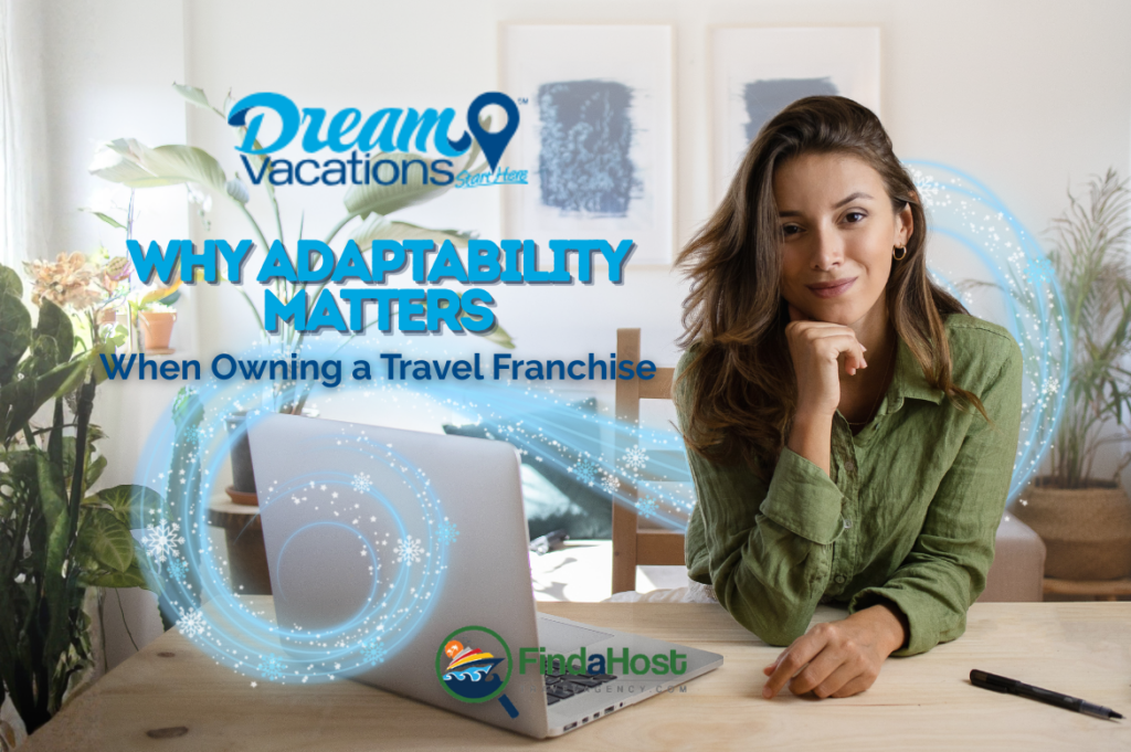 Travel franchise owner working from home with laptop, representing adaptability in the travel business