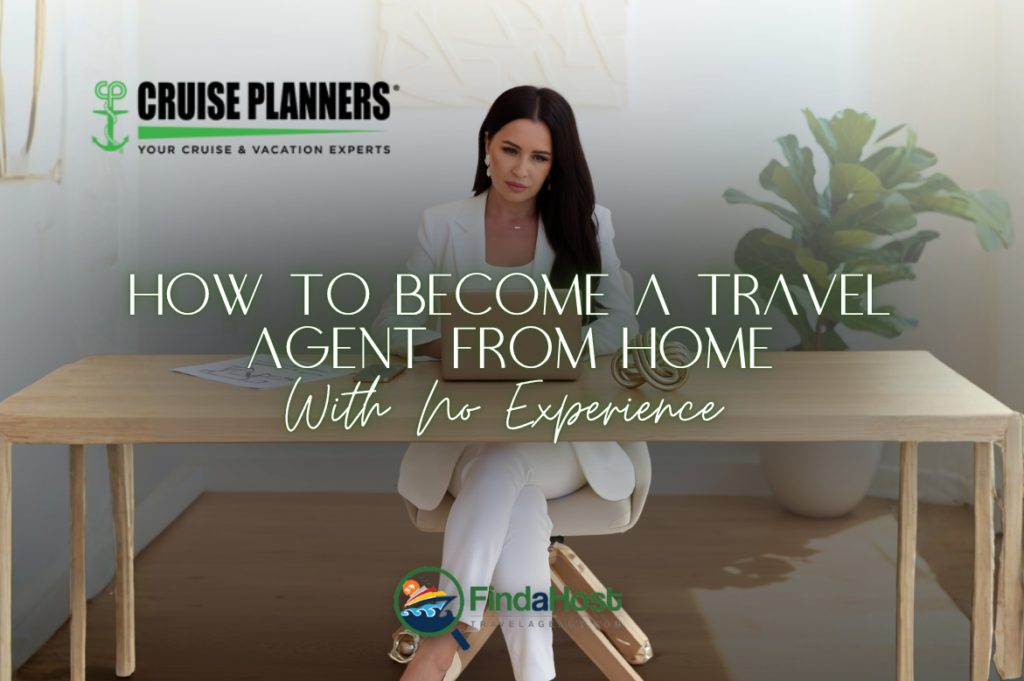 Woman working on laptop at home office with text "How to Become a Travel Agent from Home with No Experience