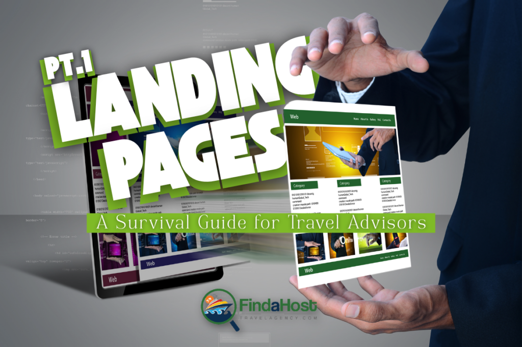 Landing pages guide for travel advisors with digital funnel concept and website preview