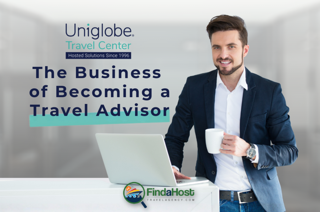 Business professional working on a laptop with text about becoming a travel advisor and Uniglobe Travel Center hosted solutions
