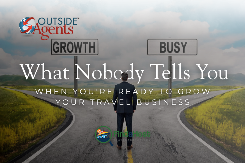 Business professional standing at a crossroads between “growth” and “busy” signs, representing travel business decisions