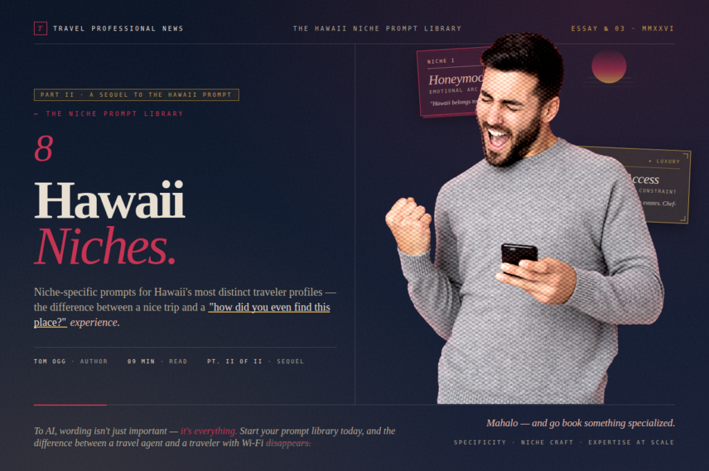 Hawaii niches prompt library cover image with niche-specific Hawaii itinerary prompts and traveler profile planning