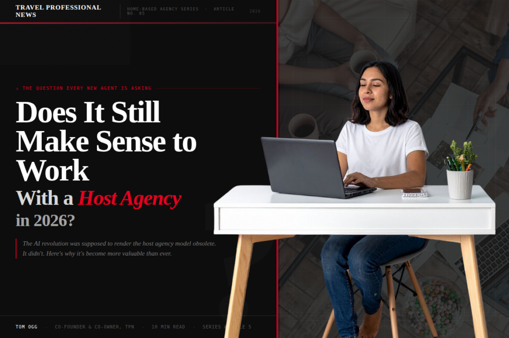 Woman working on a laptop at home office representing a new travel agent exploring the benefits of joining a host agency in 2026